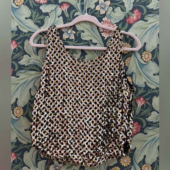 Vintage 70s disco Barbara katz gold and silver sequin on a sheer black tank top - Picture 3 of 5